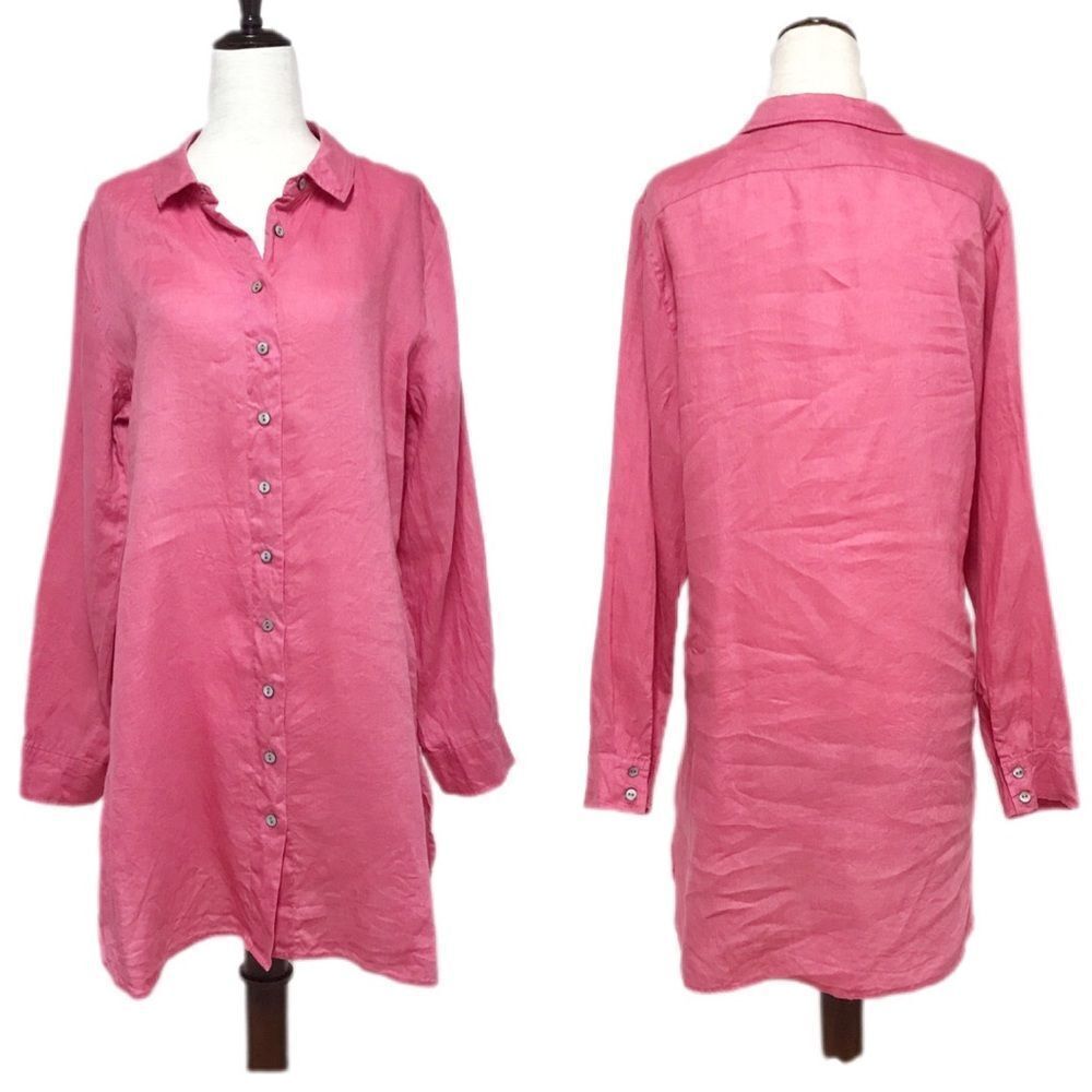 SOFT SURROUNDINGS Pink 100% Linen Long‎ Sleeve Button Front Shirt Size Small